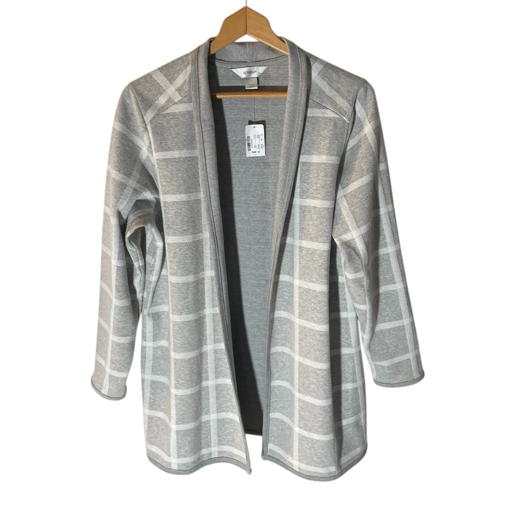 Y6- 14 Large CJ Banks Light Gray and White Open-Front Windowpane Cardigan